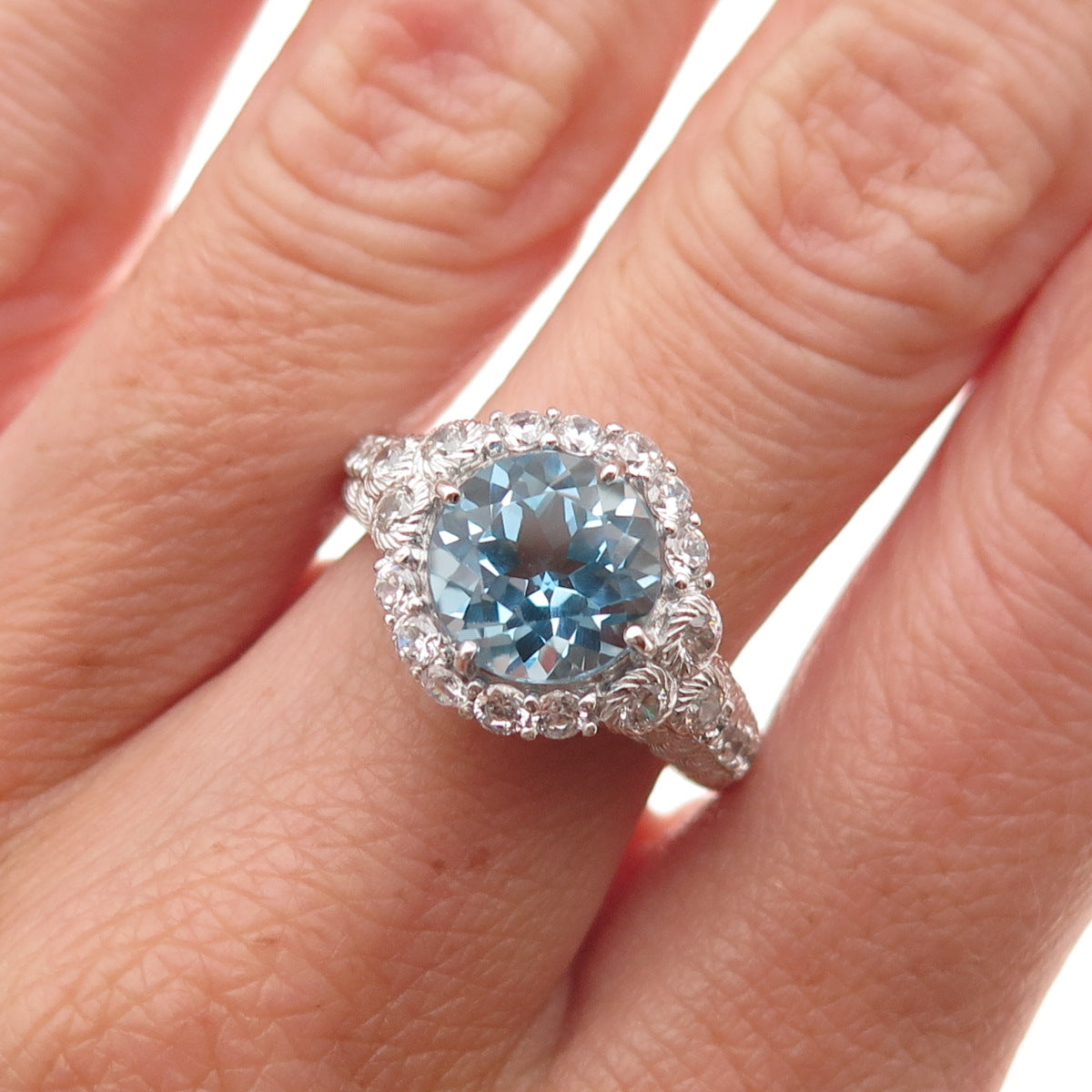 Judith Ripka 925 Sterling Silver Real Blue Topaz & C Z Ring Size 7.25