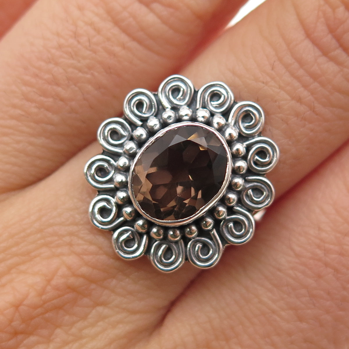 925 Sterling Silver Vintage Real Smoky Quartz Spiral Oxidized Ring Size 7.5
