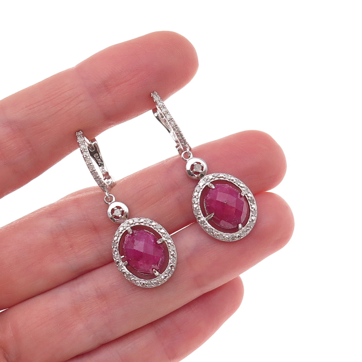 925 Sterling Silver Real Diamond & Ruby Dangle Earrings