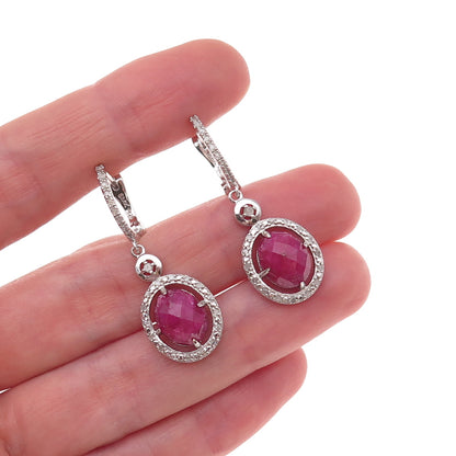 925 Sterling Silver Real Diamond & Ruby Dangle Earrings