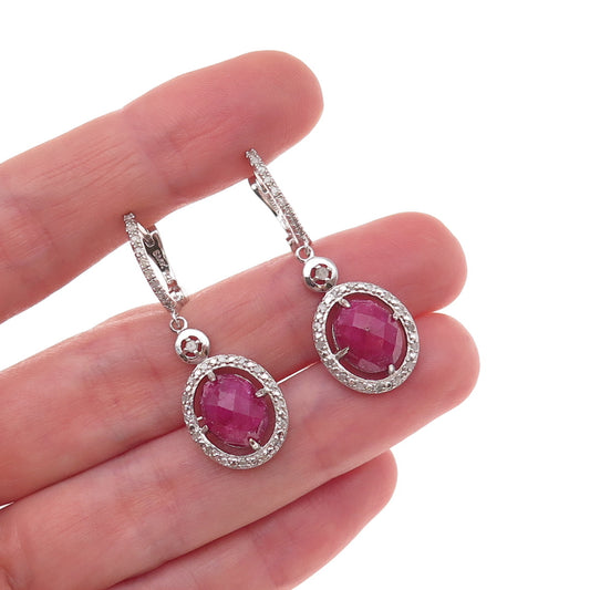 925 Sterling Silver Real Diamond & Ruby Dangle Earrings
