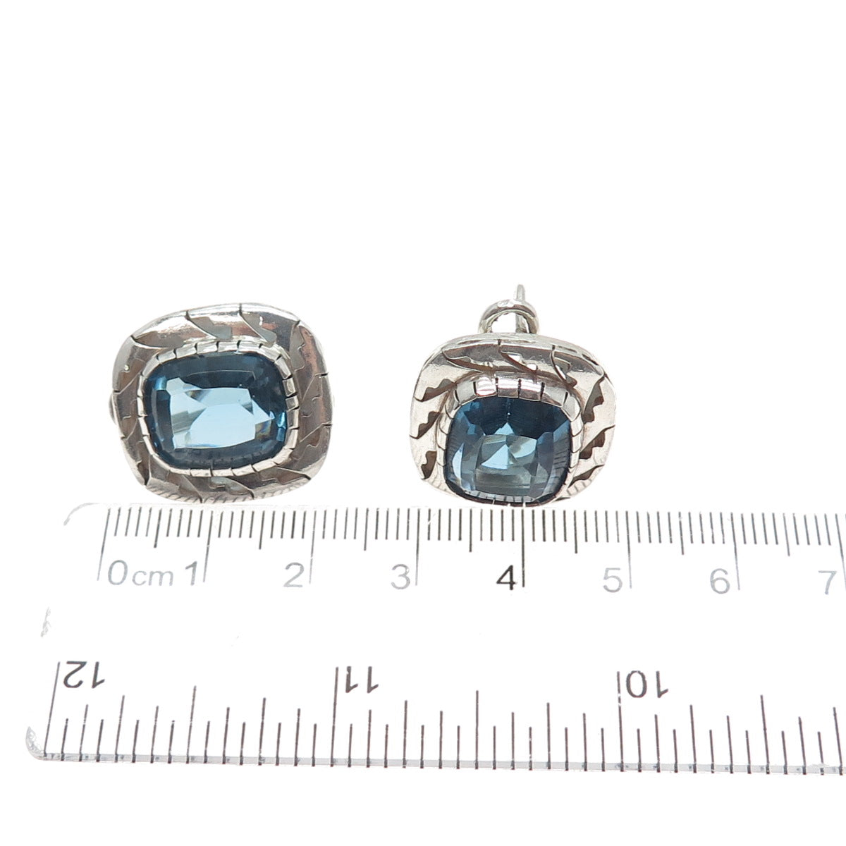 925 Sterling Silver Vintage Mexico Cushion-Cut Blue C Z Omega Back Earrings