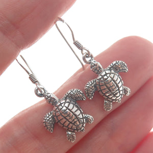 925 Sterling Silver Vintage Turtle Oxidized Dangle Hook Earrings