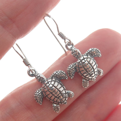 925 Sterling Silver Vintage Turtle Oxidized Dangle Hook Earrings