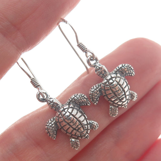 925 Sterling Silver Vintage Turtle Oxidized Dangle Hook Earrings
