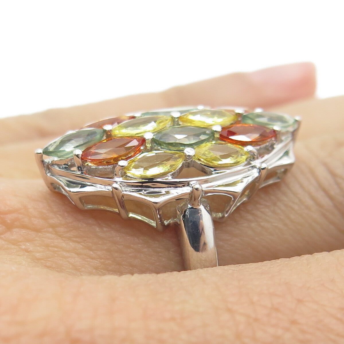 DSMK 925 Sterling Silver Real Oval-Cut Multi-Color Sapphire Cluster Ring Size 7