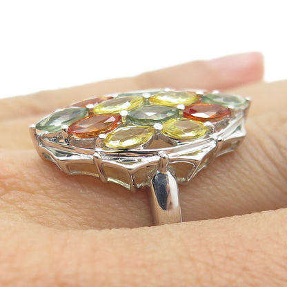 DSMK 925 Sterling Silver Real Oval-Cut Multi-Color Sapphire Cluster Ring Size 7