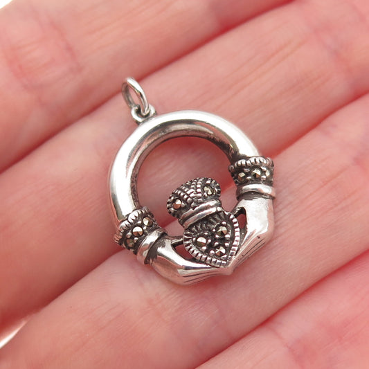 Solvar 925 Sterling Silver Vintage Real Marcasite Irish Claddagh Charm Pendant
