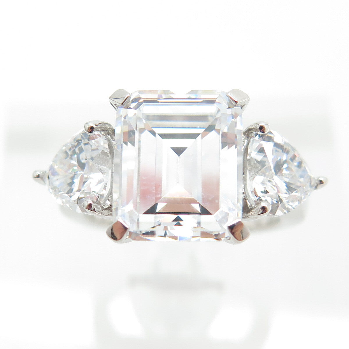 925 Sterling Silver Emerald-Cut & Heart-Cut Shaped C Z Ring Size 6