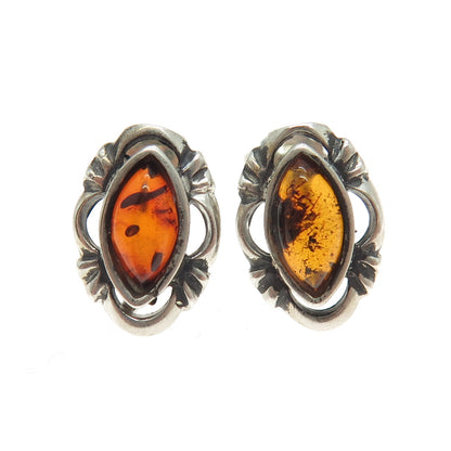 925 Sterling Silver Vintage Real Amber Modernist Oxidized Earrings