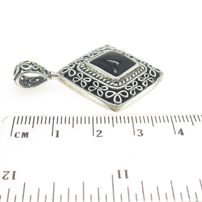 925 Sterling Silver Vintage Real Black Onyx Floral Pendant