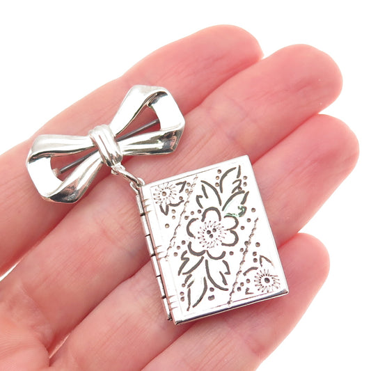 925 Sterling Silver Antique Art Deco Bow Floral Locket Pin Brooch