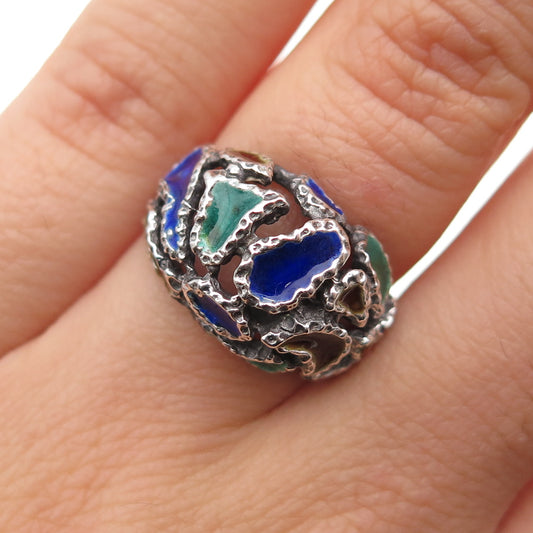 925 Sterling Silver Vintage Enamel Modernist Oxidized Ring Size 6