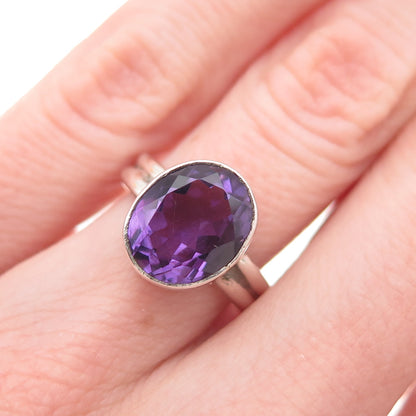 925 Sterling Silver Vintage Real Oval-Cut Amethyst Oxidized Ring Size 6