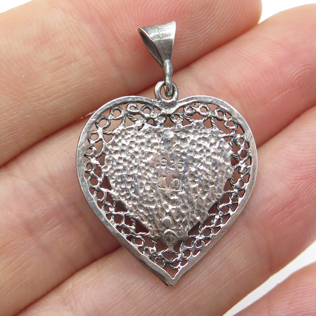 MORNING SUN 925 Sterling Silver Vintage Ornate Heart Oxidized Pendant