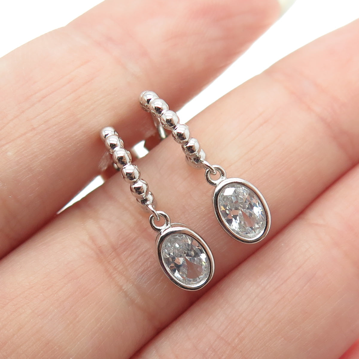 925 Sterling Silver Oval-Cut C Z Beaded Hoop Earrings