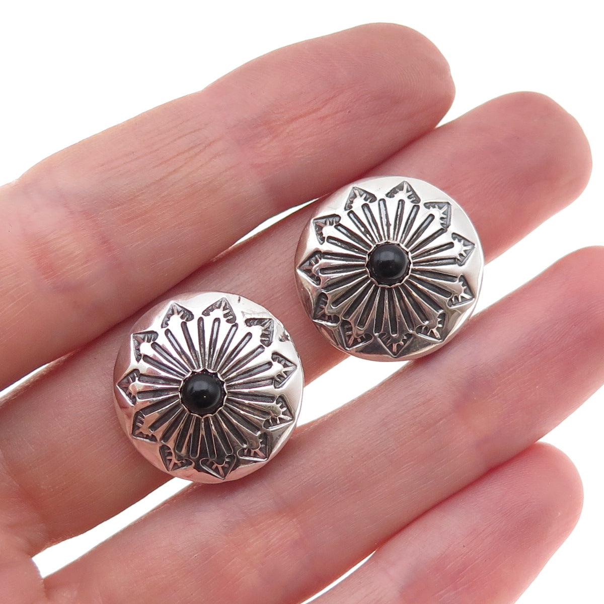 Old Pawn 925 Sterling Silver Vintage Black Onyx Concho Tribal Clip On Earrings