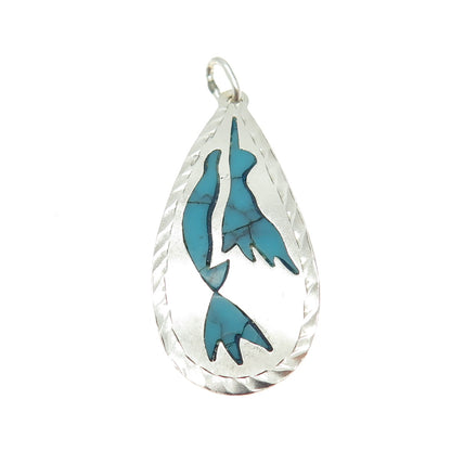 925 Sterling Silver Vintage Mexico Real Turquoise Gem Tribal Bird Pendant