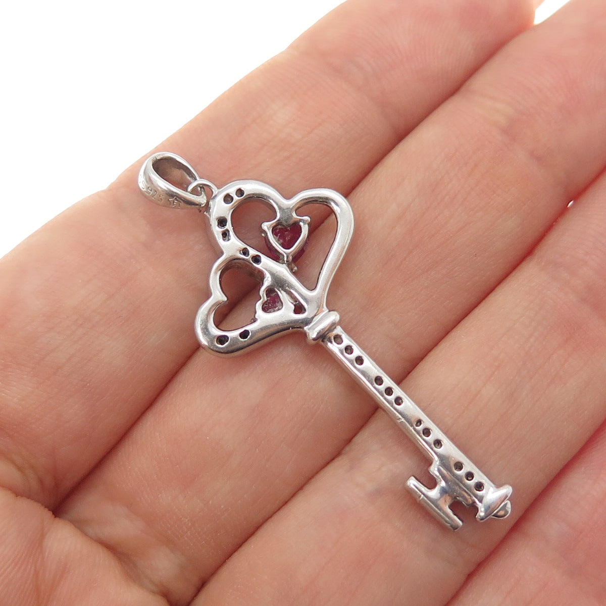 925 Sterling Silver Real Diamond & Ruby Heart Key Charm Pendant