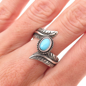 925 Sterling Silver Vintage Real Turquoise Feather Oxidized Ring Size 8.25