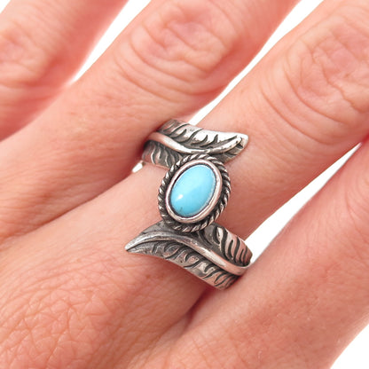 925 Sterling Silver Vintage Real Turquoise Feather Oxidized Ring Size 8.25