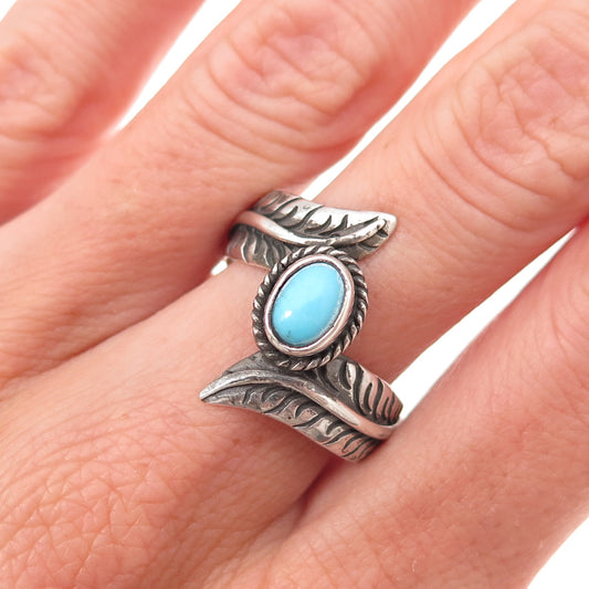 925 Sterling Silver Vintage Real Turquoise Feather Oxidized Ring Size 8.25