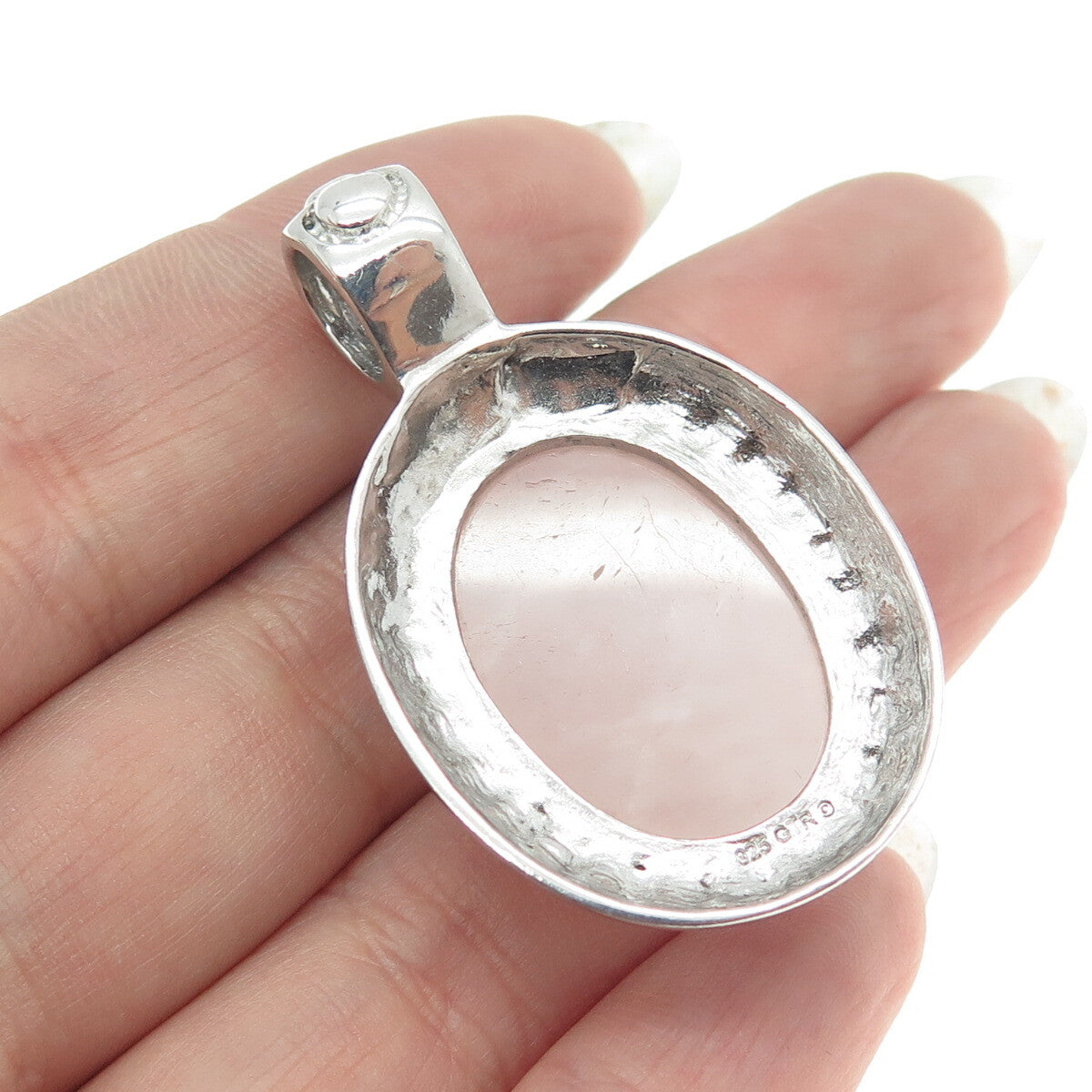925 Sterling Silver Vintage Real Cabochon Rose Quartz Oval Pendant