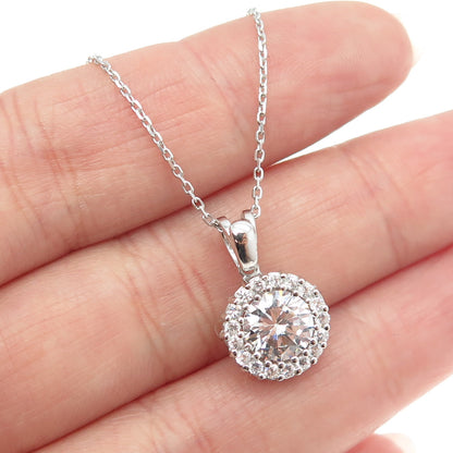 925 Sterling Silver Round-Cut Shaped C Z Pendant Rolo Chain Necklace 18"