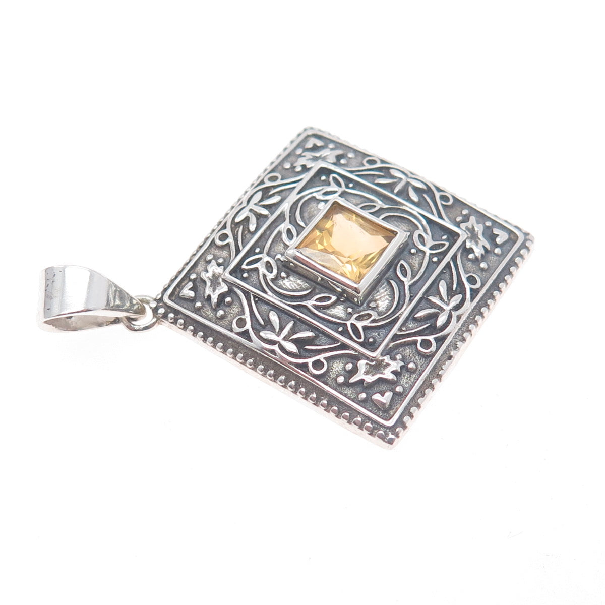 925 Sterling Silver Vintage Real Citrine Ornate Floral Oxidized Charm Pendant