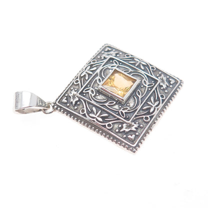 925 Sterling Silver Vintage Real Citrine Ornate Floral Oxidized Charm Pendant
