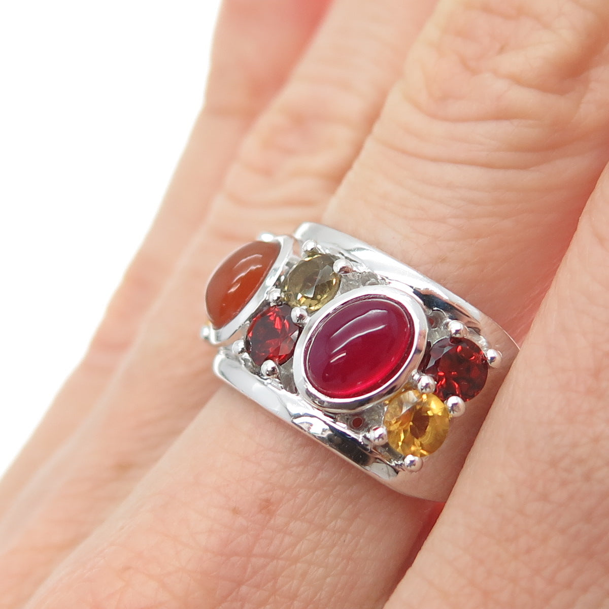 925 Sterling Silver Real Multi-Color Opal Red Garnet & Citrine Ring Size 7.25