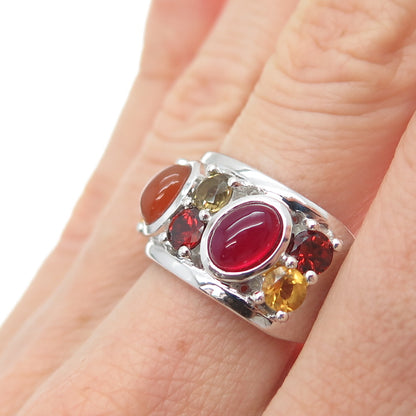 925 Sterling Silver Real Multi-Color Opal Red Garnet & Citrine Ring Size 7.25
