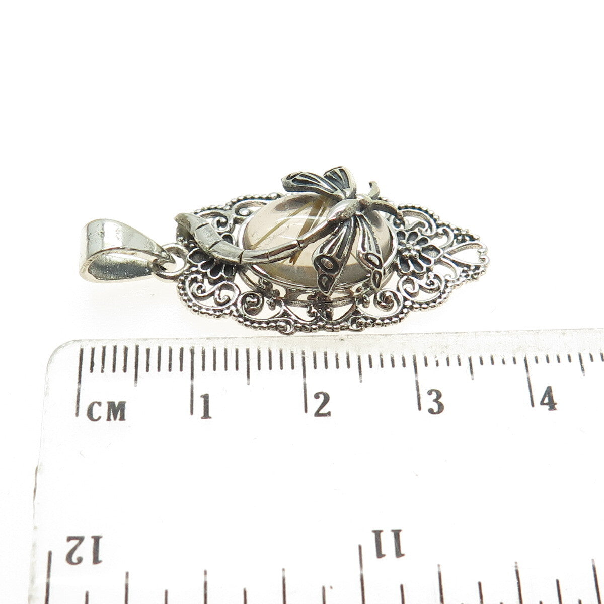 925 Sterling Silver Vintage Real Rutilated Quartz Dragonfly Oxidized Pendant