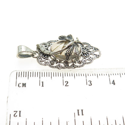 925 Sterling Silver Vintage Real Rutilated Quartz Dragonfly Oxidized Pendant