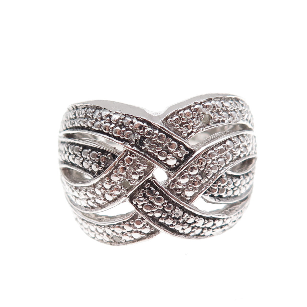 Chuck Clemency 925 Sterling Silver Real Round-Cut Diamond Woven Ring Size 8.25
