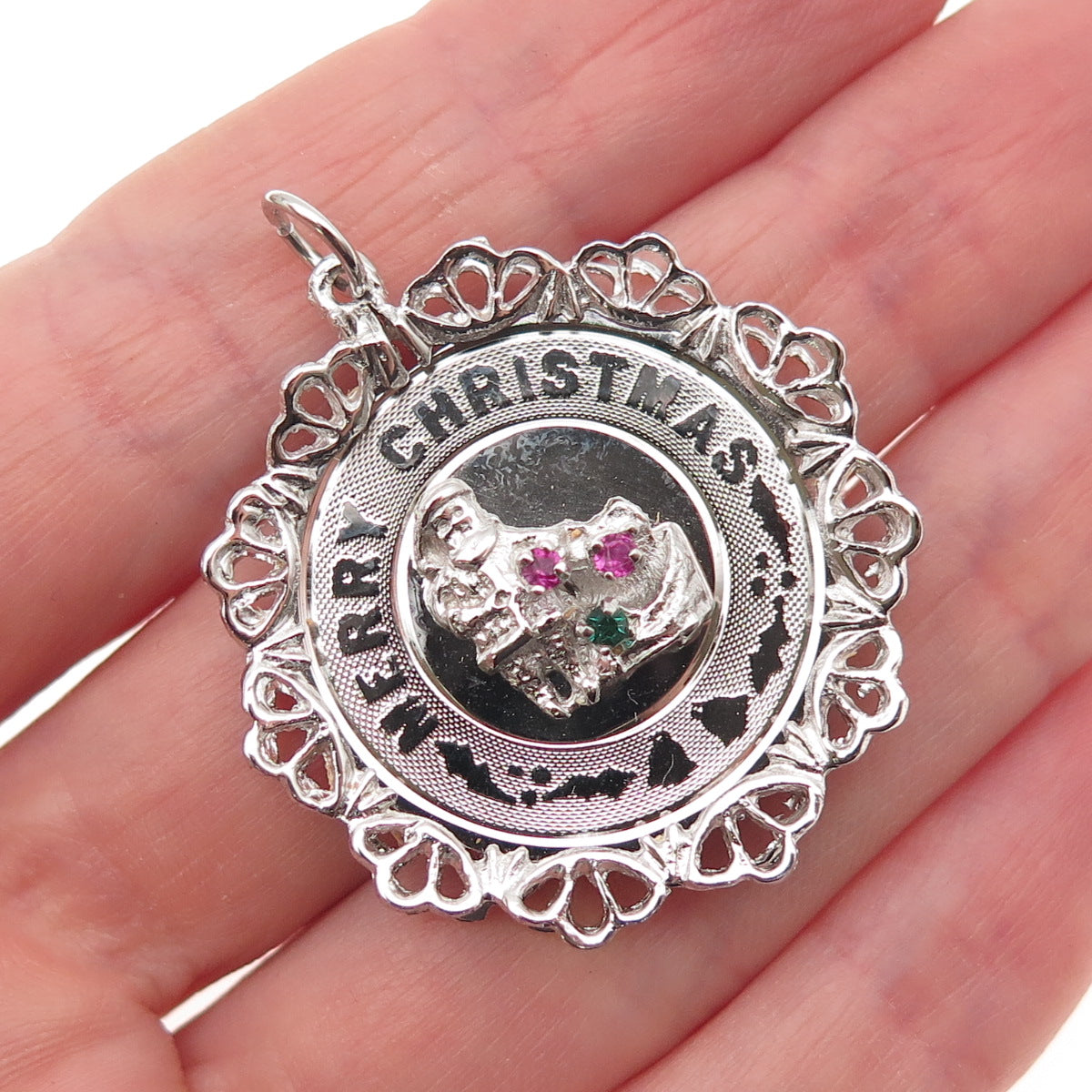 925 Sterling Silver Vintage Rhinestone Santa Merry Christmas Charm Pendant