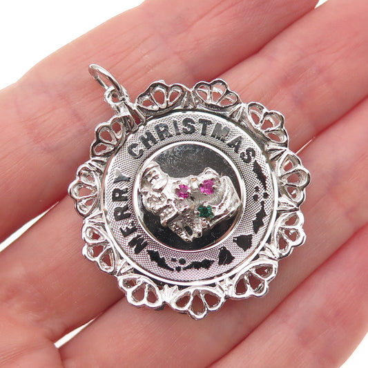 925 Sterling Silver Vintage Rhinestone Santa Merry Christmas Charm Pendant