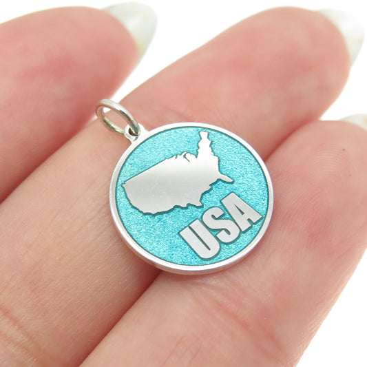 925 Sterling Silver Turquoise Enamel USA Map Round Tag Minimalist Charm Pendant