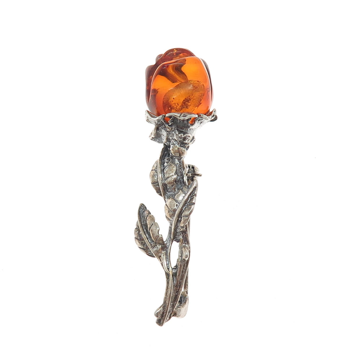 925 Sterling Silver Vintage Real Amber Carved Rose Flower Oxidized Pin Brooch