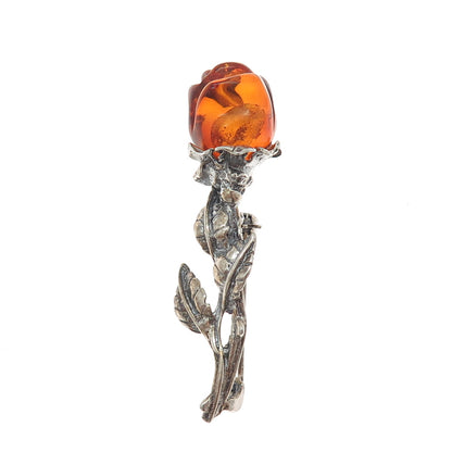 925 Sterling Silver Vintage Real Amber Carved Rose Flower Oxidized Pin Brooch