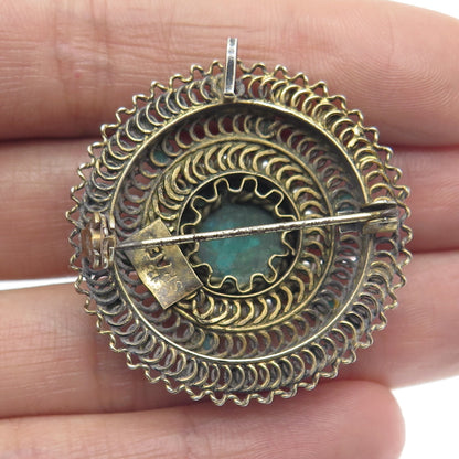 925 Sterling Gold Plated Vintage Israel Faux Pearl & Turquoise Eilat Pin Pendant