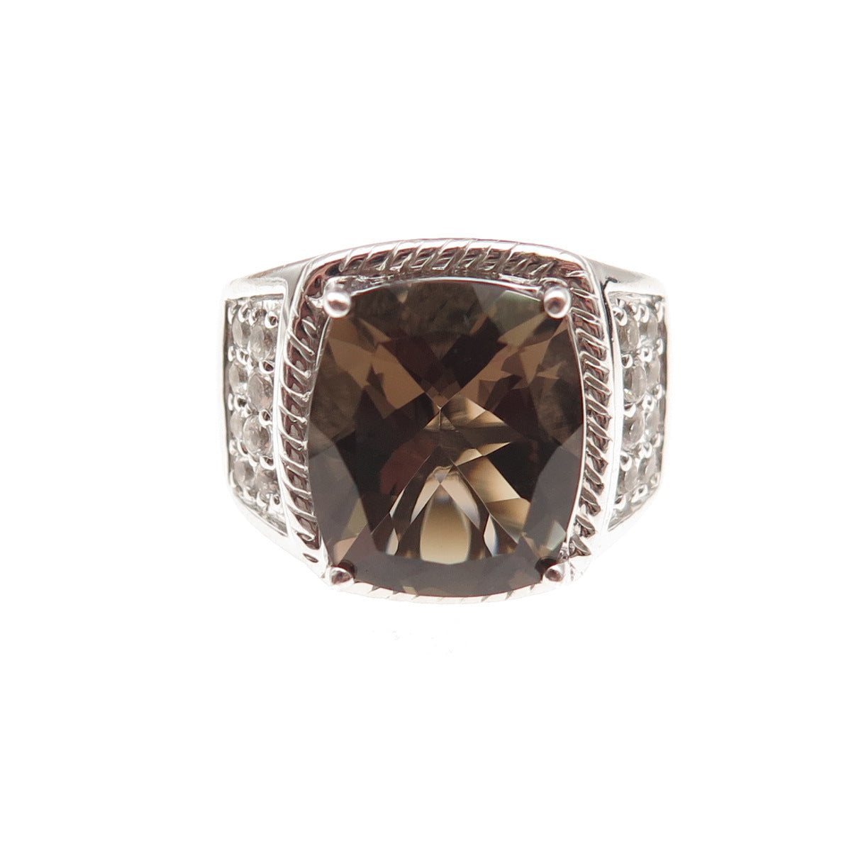 925 Sterling Silver Vintage Real Smoky Quartz & White Topaz Ring Size 7.25