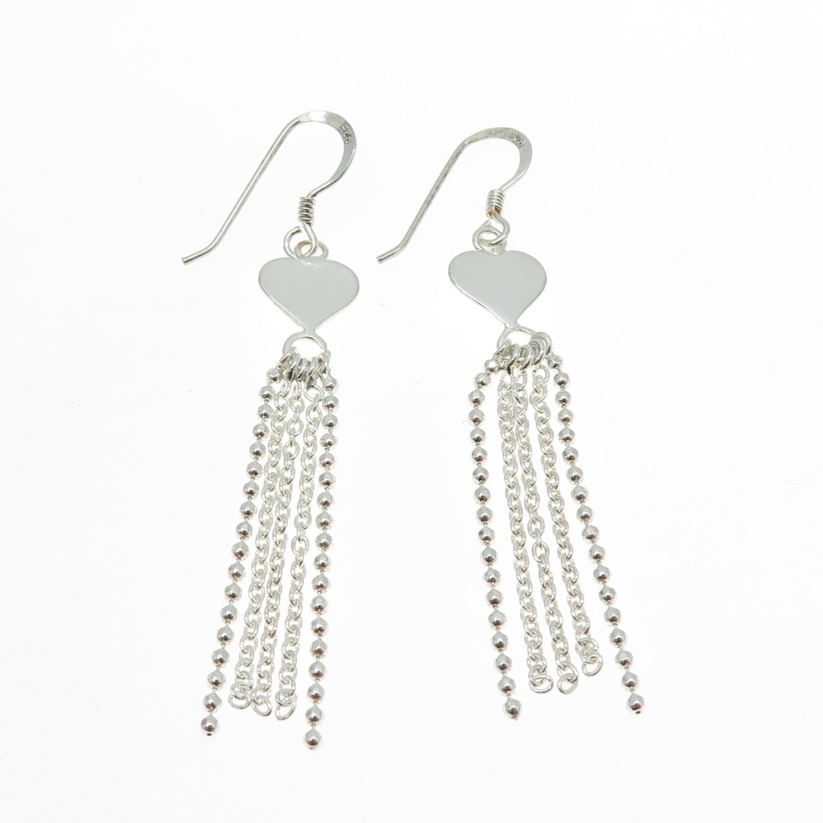 925 Sterling Silver Heart Tassel Drop Chain Earrings