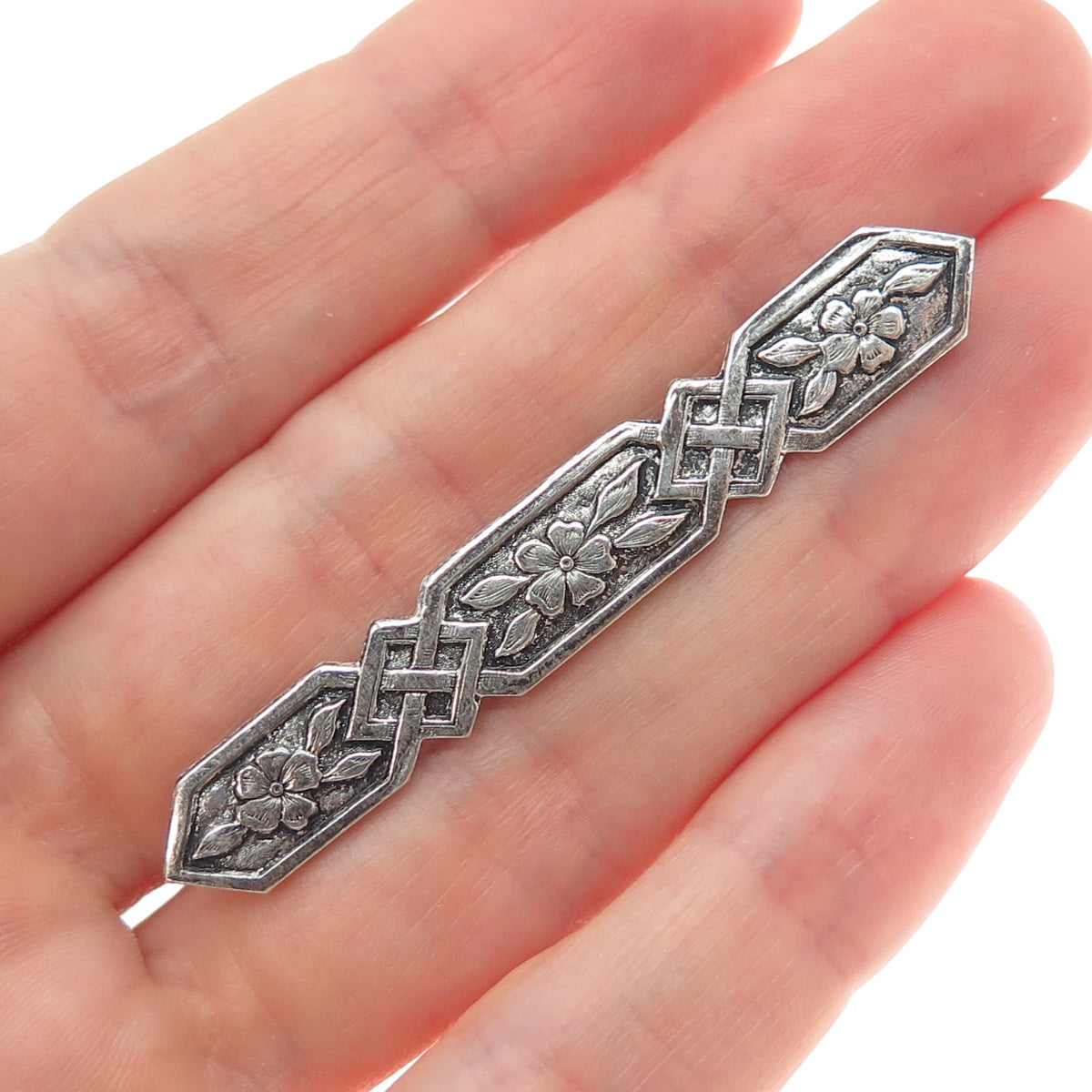 925 Sterling Silver Vintage Flower Blossom Bar Oxidized Pin Brooch
