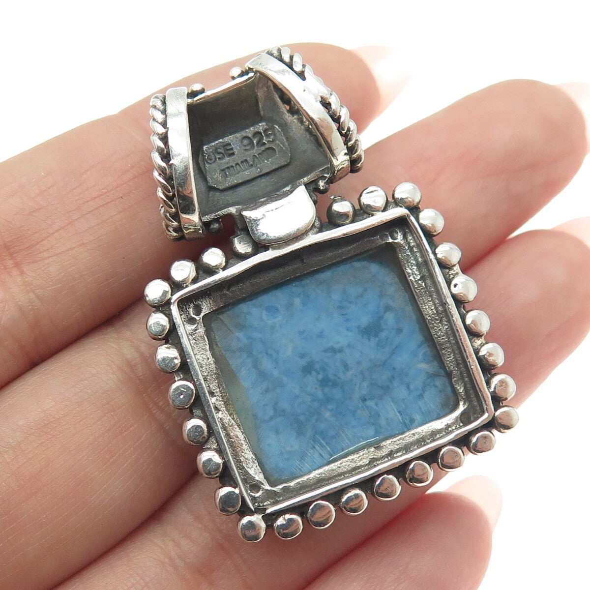 925 Sterling Silver Vintage Real Turquoise Granulated Pendant