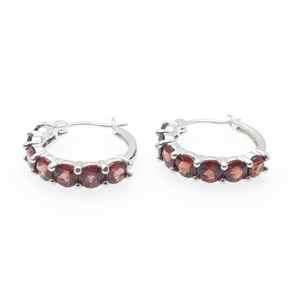 925 Sterling Silver Real Round-Cut Red Garnet Hoop Earrings