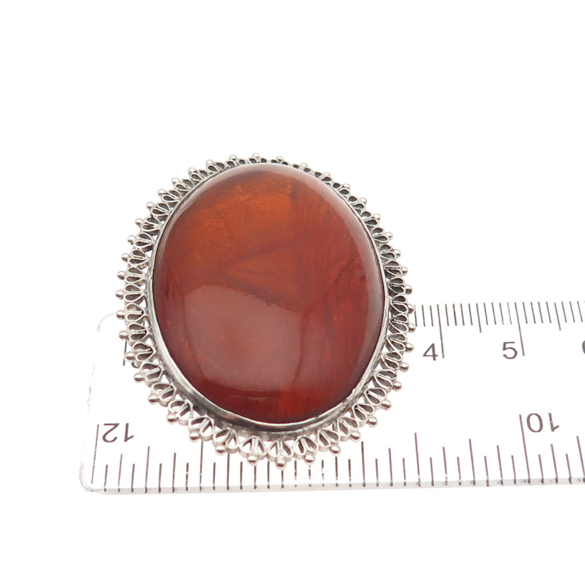 875 Silver Vintage Estonia Real Amber Sailboat Ornate Heart Bezel Pin Brooch