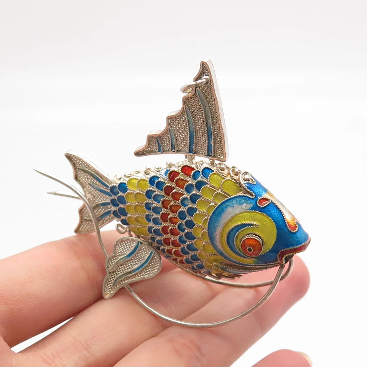 925 Sterling Silver Antique Enamel Articulated Koi Fish Chatelaine Fob Pendant