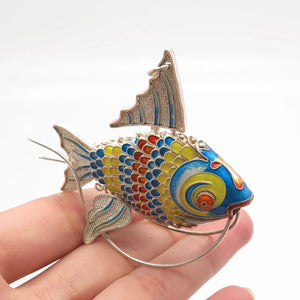 925 Sterling Silver Antique Enamel Articulated Koi Fish Chatelaine Fob Pendant