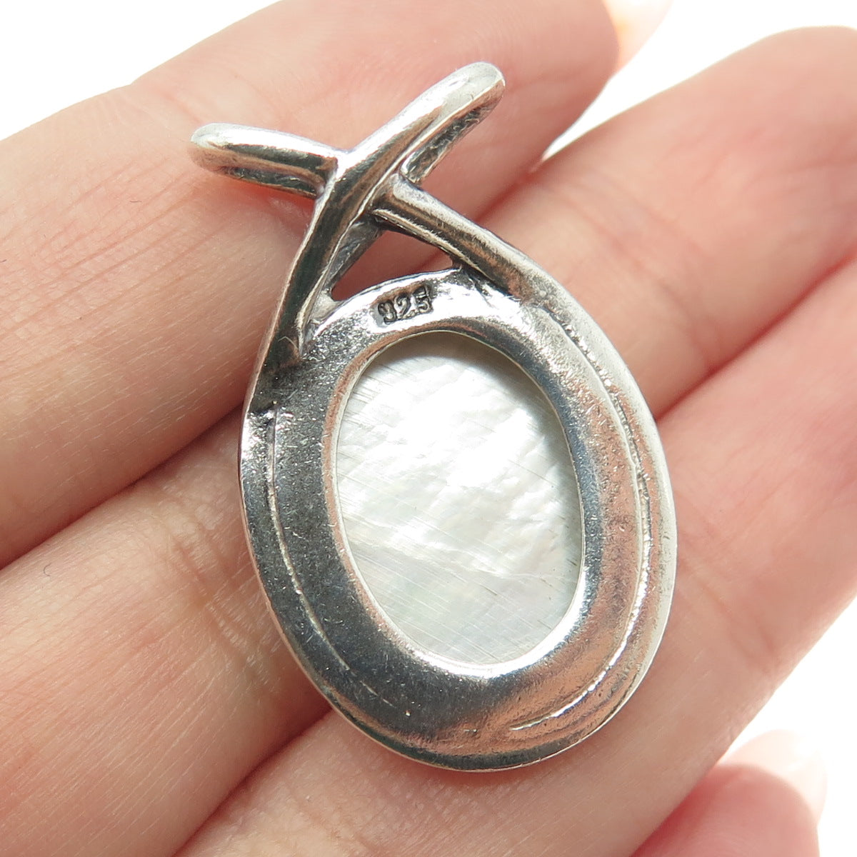 925 Sterling Silver Vintage Real Mother-of-Pearl Modernist Slide Pendant